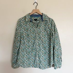 Talbots Long Sleeve Button Down Shirt 12 Green Mushroom Floral Print Roll Tab